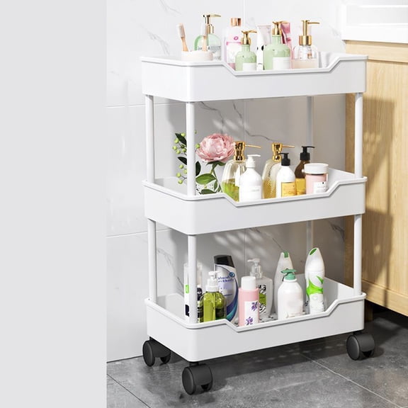 3-Tier Rolling Storage Cart, Plastic Storage Baskets Mobile Shelving Unit Rolling Trolley Utility Cart Organizer for Living Room, Bedroom, Kitchen, Bathroom, Small Narrow Spaces, White