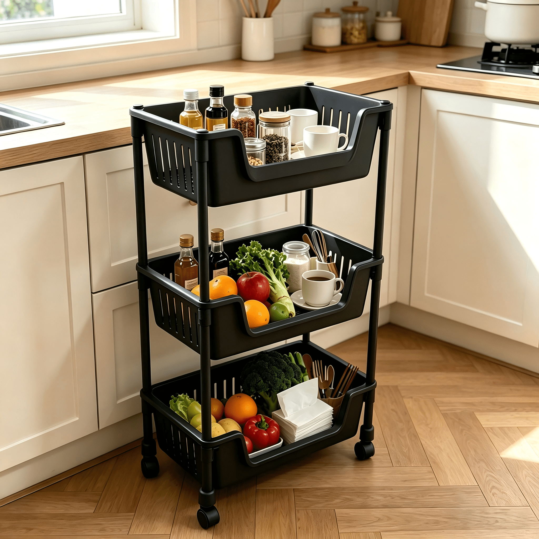 3-Tier Rolling Storage Cart with Wheels, Heavy Duty Carbon Steel ...