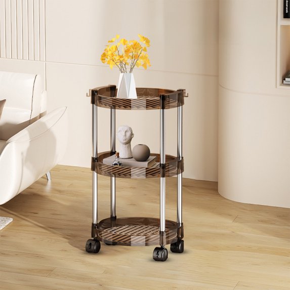 3-Tier Rolling Storage Cart with Wheels,Multi-Functional Small Round Plastic Movable Utility Organizer for Living Room Bathroom Kitchen Bedroom,For Makeup,Snacks,Fruits,Grains,Books