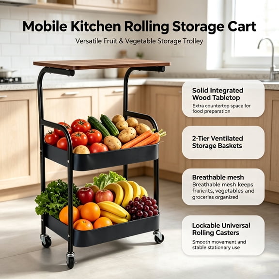 3 Tier Rolling Storage Cart with Wooden Tabletop, Multifunctional Mobile Utility Trolley, Movable Side Table Organizer Cart for Kitchen Bedroom Living Room Office Salon