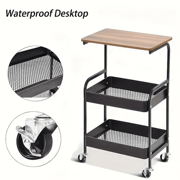 General 3-Tier Rolling Storage Utility Cart with Wooden Top and Lockable Wheels