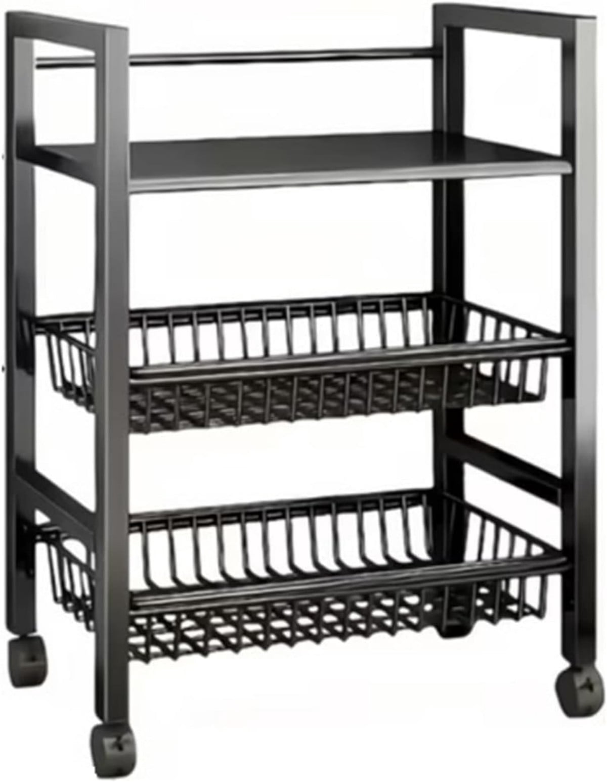 3-Tier Rolling Storage Cart with 2 Removable Wire Baskets, Heavy Duty Metal Organizer Rack, Slim Kitchen Cart for Pantry, Bathroom, Office