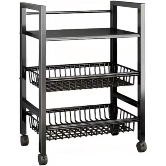 3-Tier Rolling Storage Cart with 2 Removable Wire Baskets, Heavy Duty Metal Organizer Rack, Slim Kitchen Cart for Pantry, Bathroom, Office