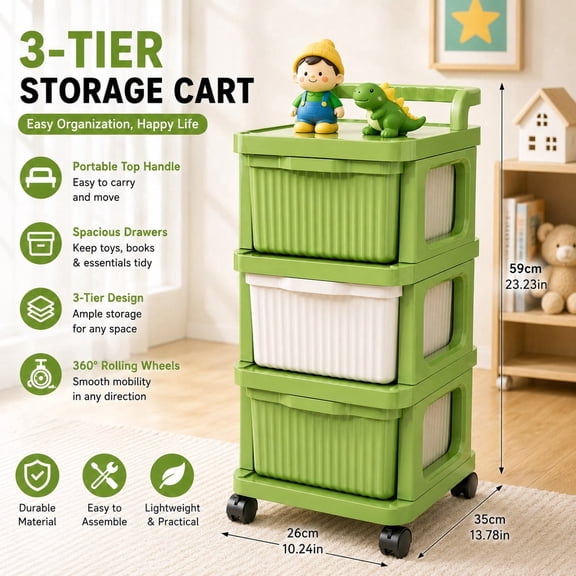 3-Tier Rolling Storage Cart with Drawers, Mobile Storage Organizer with Top Shelf and Caster Wheels for Bedroom, Bathroom, Living Room, Green