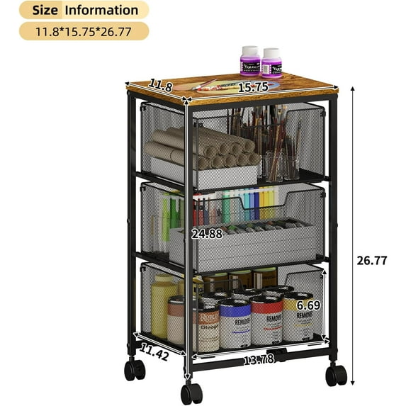 3-Tier Rolling Storage Cart with Drawers,  Room Office Utility Cart with Wheels, Vintage Color