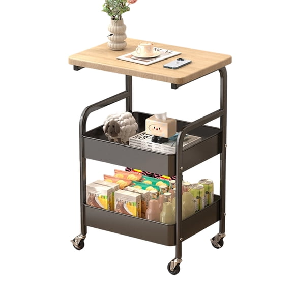 3-Tier Rolling Storage Cart with Flat Top, Heavy-Duty Metal Utility Organizer with Locking Wheels for Kitchen, Office, Dorm & Living Room, Black