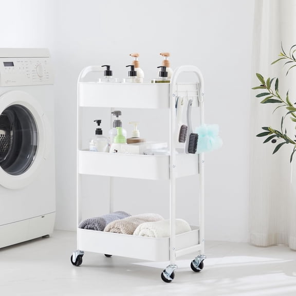 3 Tier Rolling Storage Cart with Wheels White Utility Cart for Kitchen Bathroom Easy Assembly Metal Organizer with Lockable Casters and Handle