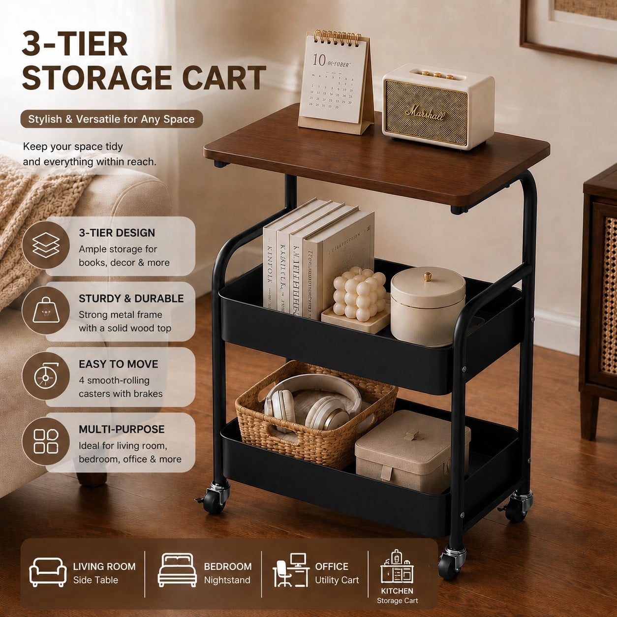 ZUNMOS 3 Tier Rolling Cart, Metal Storage Shelves with Lockable