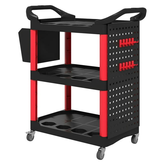 3-Tier Rolling Tool Cart, 200 LBS Capacity - Plastic Utility Cart with Hooks & Bucket, Black & Red - Garage Workshop Organizer