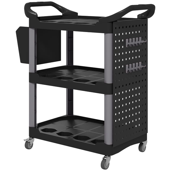 3-Tier Rolling Tool Cart, 200 LBS Capacity Plastic Utility Cart with Side Shelf and Bucket, Black and Light Gray