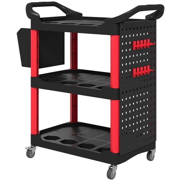 3-Tier Rolling Tool Cart, 200 LBS Capacity Plastic Utility Cart with Side Shelf and Storage Bucket, Black & Red