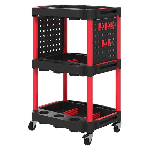 3-Tier Rolling Tool Cart, 200 LBS Capacity Plastic Utility Cart with Side Shelves for Garage, Workshop, Black and Red