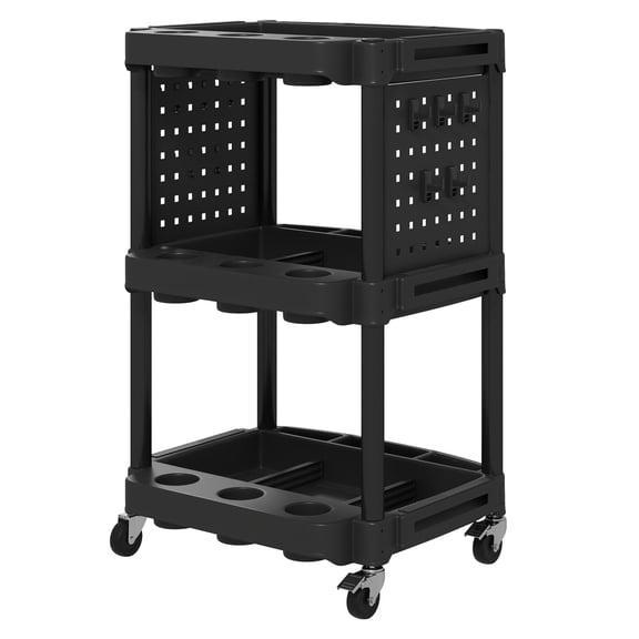 3-Tier Rolling Tool Cart, 200 LBS Capacity Plastic Utility Cart with Side Shelves for Garage, Workshop, Black