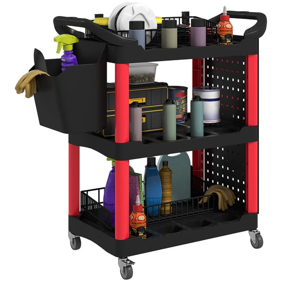 3-Tier Rolling Tool Cart, 200 LBS Utility Cart with Wheels, Plastic Service Cart with Side Shelf, Storage Bucket & Hooks for Garage Workshop – Black & Red