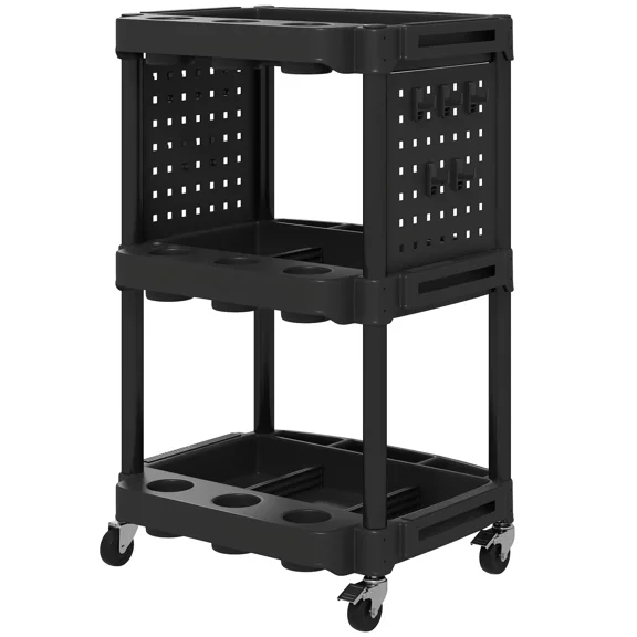 3-Tier Rolling Tool Cart, 200 lb Capacity Plastic Utility Cart with Side Shelves for Garage & Workshop