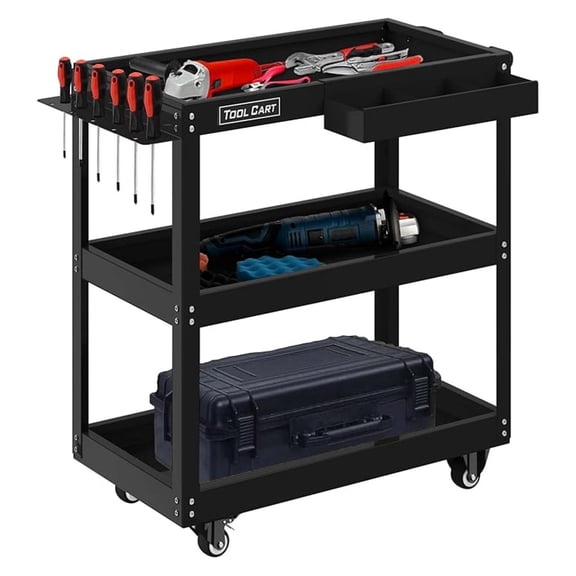 3 Tier Rolling Tool Cart, 330LBS Tool Service Cart with Extra Storage Box and Side Hanging Panels, Heavy Duty Utility Cart with Wheels for Garage, Workshop, Warehouse, Repair Shop