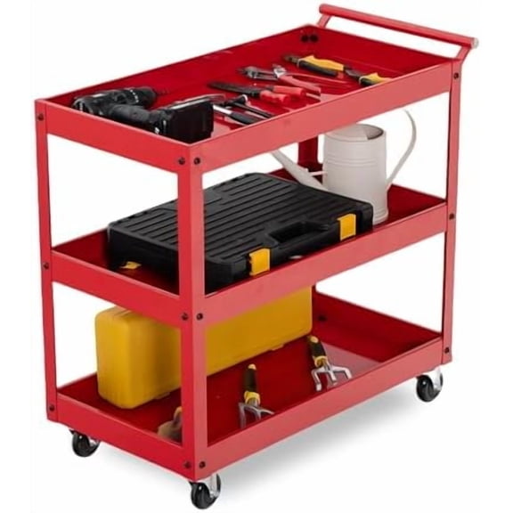 3 Tier Rolling Tool Cart 330lbs Load Capacity Heavy Duty Metal Frame Service Cart with Lockable Wheels, Tool Push Cart for Garage,Mechanic, Workshop, Warehouse, Office(Red)$$Office
