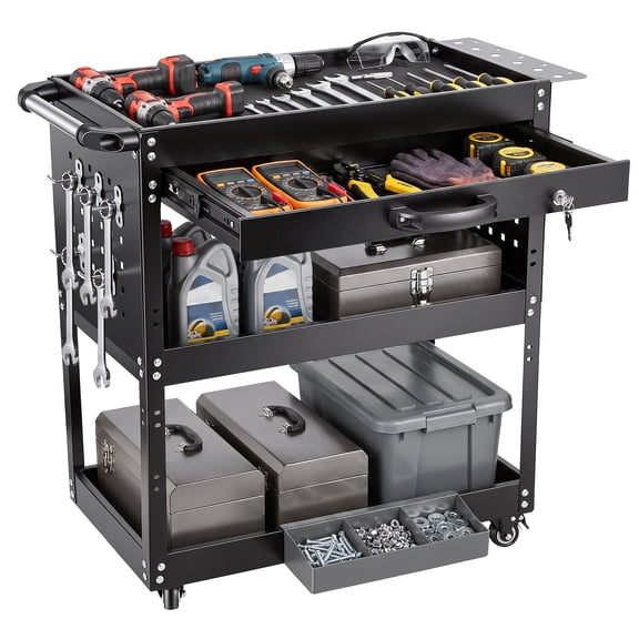 3 Tier Rolling Tool Cart with Drawers, 331 LBS Capacity Mechanic Tool Cart on Wheels, Heavy Duty Utility Cart with 10 Hooks, Metal Work Cart for Garage and Repair Shop, Matte Black