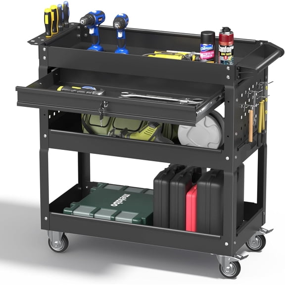 3 Tier Rolling Tool Cart with Drawers, 400 LBS Capacity Mechanic Tool Cart on Wheels, Heavy Duty Utility Cart with Pegboard, Metal Work Cart for Garage and Repair Shop, Matte Black