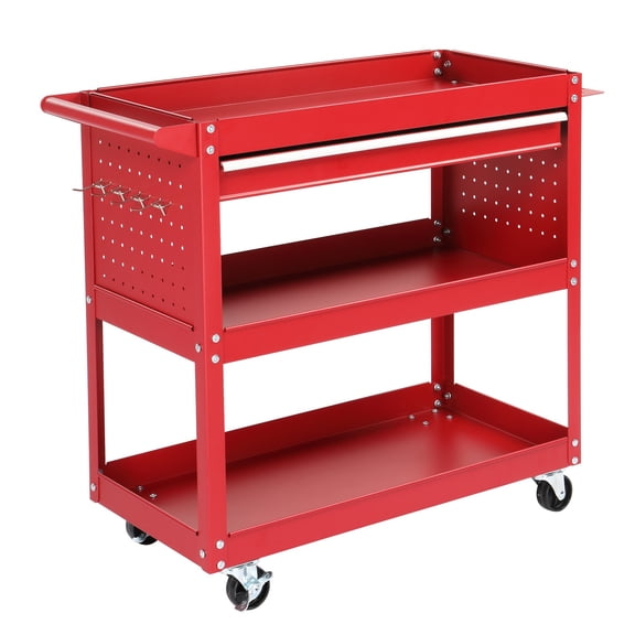 3 Tier Rolling Tool Cart,Heavy Duty Metal Utility Cart with Pegboard Drawer Hooks,330 lb Load Storage Tool Cart for Garage Warehouse Workshop Use,1 Pack,Red