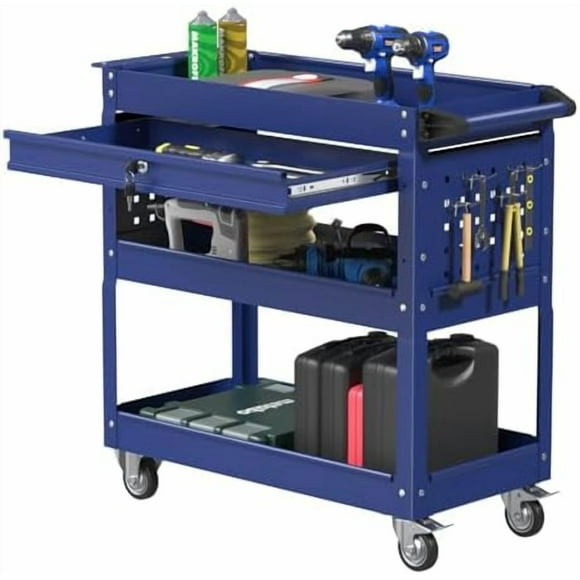 3 Tier Rolling Tool Cart, Heavy Duty Tool Cart on Wheels for Mechanics,400 LBS Tool Cart with Drawers for Garage, Warehouse & Repair Shop (DARKBLUE)