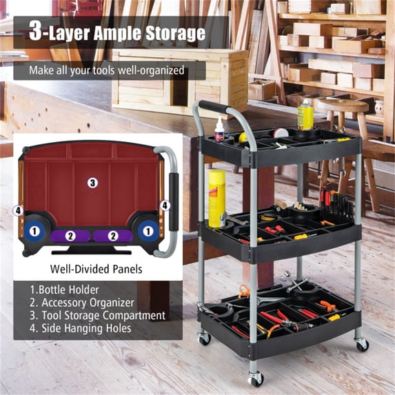 3-Tier Rolling Tool Cart with Locking Wheels, Heavy Duty Mobile Workstation for Garage, Salon & Hotel | 42"H Utility Cart w/ Dividers, Bottle Holders, 99 LB Capacity | Black Tool Organizer Cart