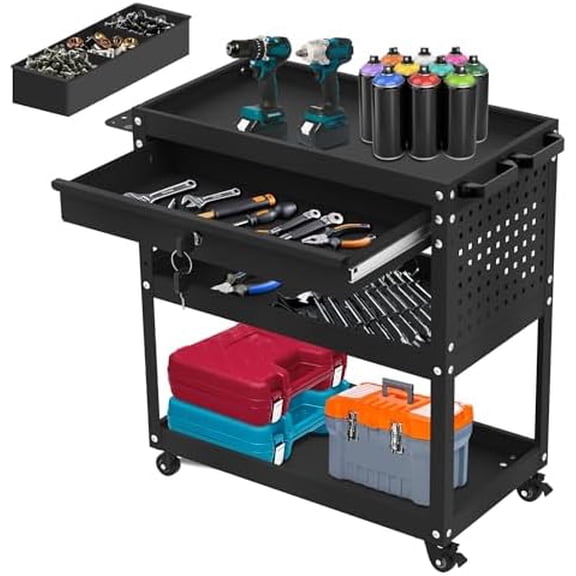 3 Tier Rolling Tool Cart,Mechanic Tool Cart on Wheels,Industrial Utility Cart with Drawers and Screw Boxes,330 LBS Capacity Tool Storage Car for Garage,Warehouse & Repair Shop (Black, 350LBS)$$Office