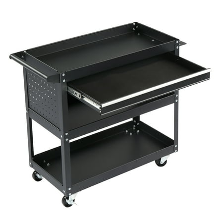 Heavy Duty 3-Tier Rolling Black Tool Cart with Pegboard and Drawer, 330 lb Load