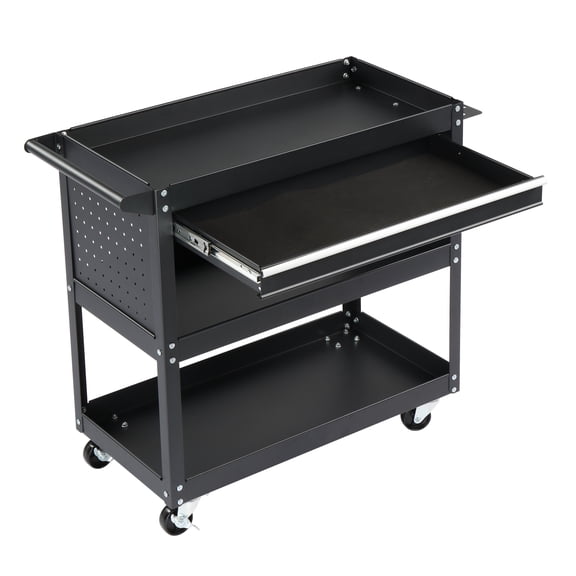 Heavy Duty 3-Tier Rolling Black Tool Cart with Pegboard and Drawer, 330 lb Load