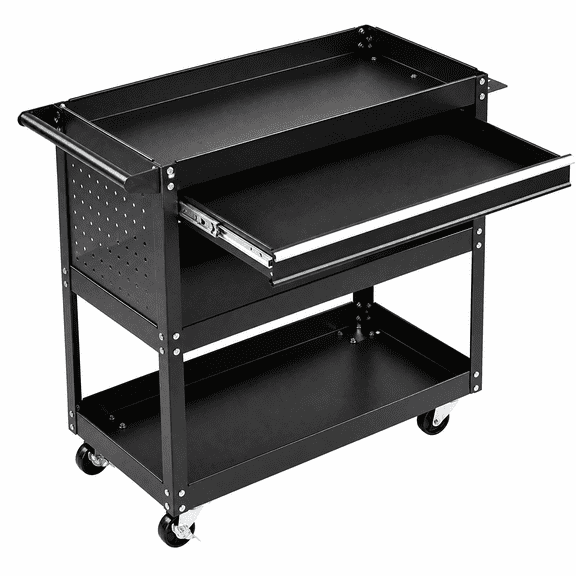 3-Tier Rolling Tool Cart, Metal Heavy Duty Utility Cart on Wheels with Pegboard & Drawer & 4 Hooks, 330 lb Load Large Storage Capability Tool Cart for Garage Warehouse Repair Shop, Black