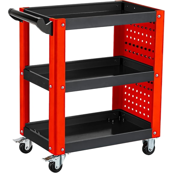3-Tier Rolling Tool Cart with Pegboard, Heavy Duty Mechanic Utility Cart 1000LBS Load Capacity for Repair Shop, Garage, Warehouse & Workshop (Red & Black)