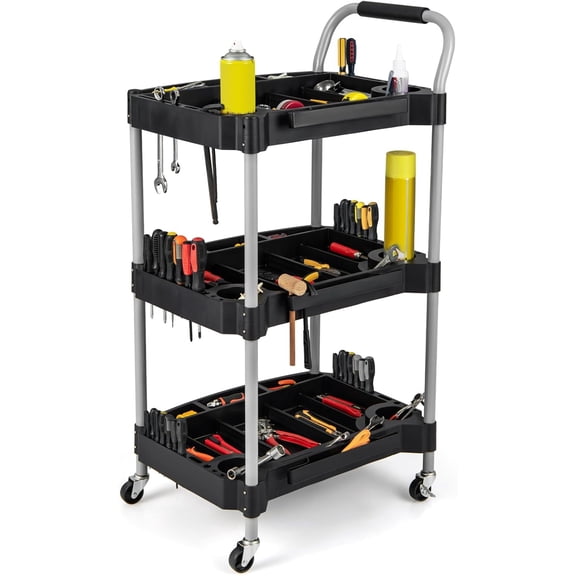 3 Tier Rolling Tool Cart, Rustproof Metal Utility Cart w/Handle, Tool Storage Slot, Universal Wheels, Heavy Duty Cart Organizer for Garage, Barbershop, Beauty Salon, Workshop