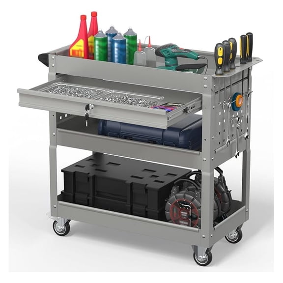 3 Tier Rolling Tool Cart on Wheels, LBS Tool Cart with DrawersHeavy Duty Utility Cart with Pegboard and HookMechanic Tool Storage Cart for Garage, Warehouse and Repair Shop(Gray)