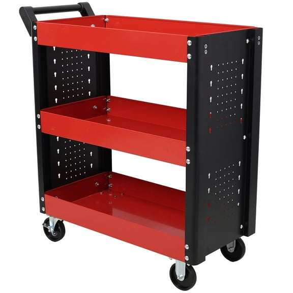 3 Tier Rolling Tool Cart on Wheels,Heavy Duty Utility Tool Cart with Pegboard for Repair Shop, Garage, Warehouse,Red