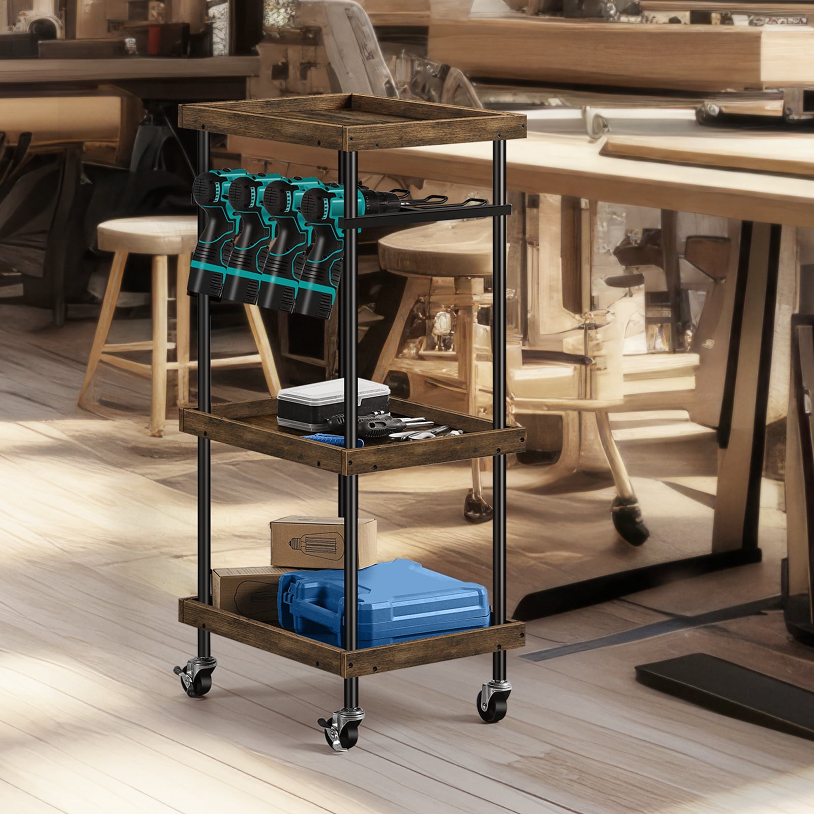 3‑Tier Rolling Tool Cart with Power Tool Holders, Industrial Rustic ...
