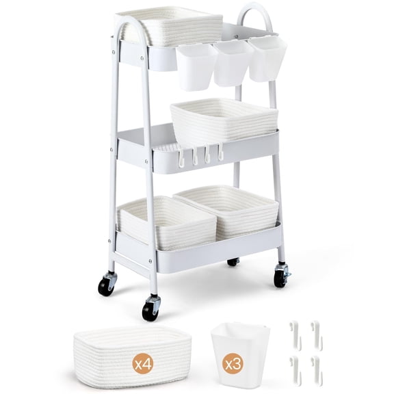 3-Tier Rolling Utility Cart with 4 Woven Baskets, Diaper Book Snack Cart, Storage Organizer for Nursery, Kitchen, Craft Room, Home SPA, Living Room, Metal Frame Trolley on Lockable Wheels, White