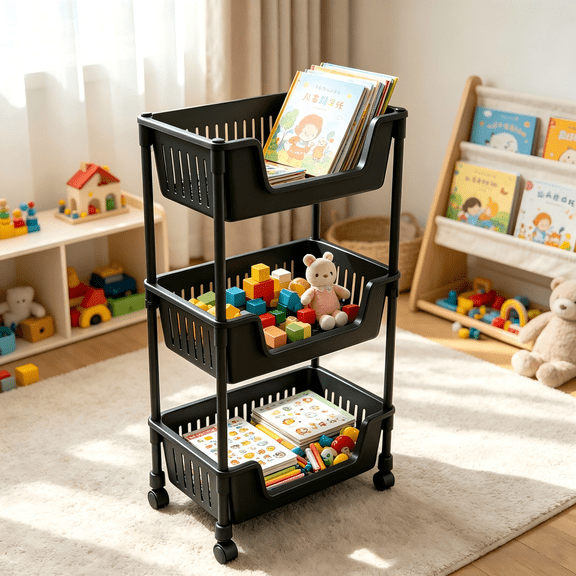 3-Tier Rolling Utility Cart, ABS Plastic Open Bin Storage Organizer With Wheels, Mobile Multi-Layer Storage Trolley For Kitchen, Bathroom, Bedroom & Office