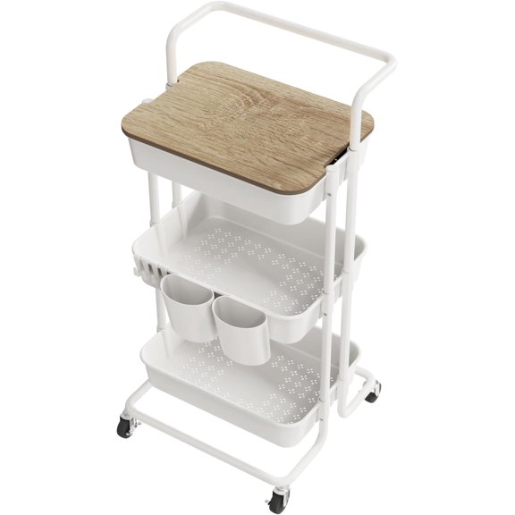 3 Tier Rolling Utility Cart with Cover Top Board, Movable Kitchen Storage Cart Trolley with Lockable Wheels, Cups, Hooks for Kitchen Bathroom Office Art Craft Storage and Organization(White)