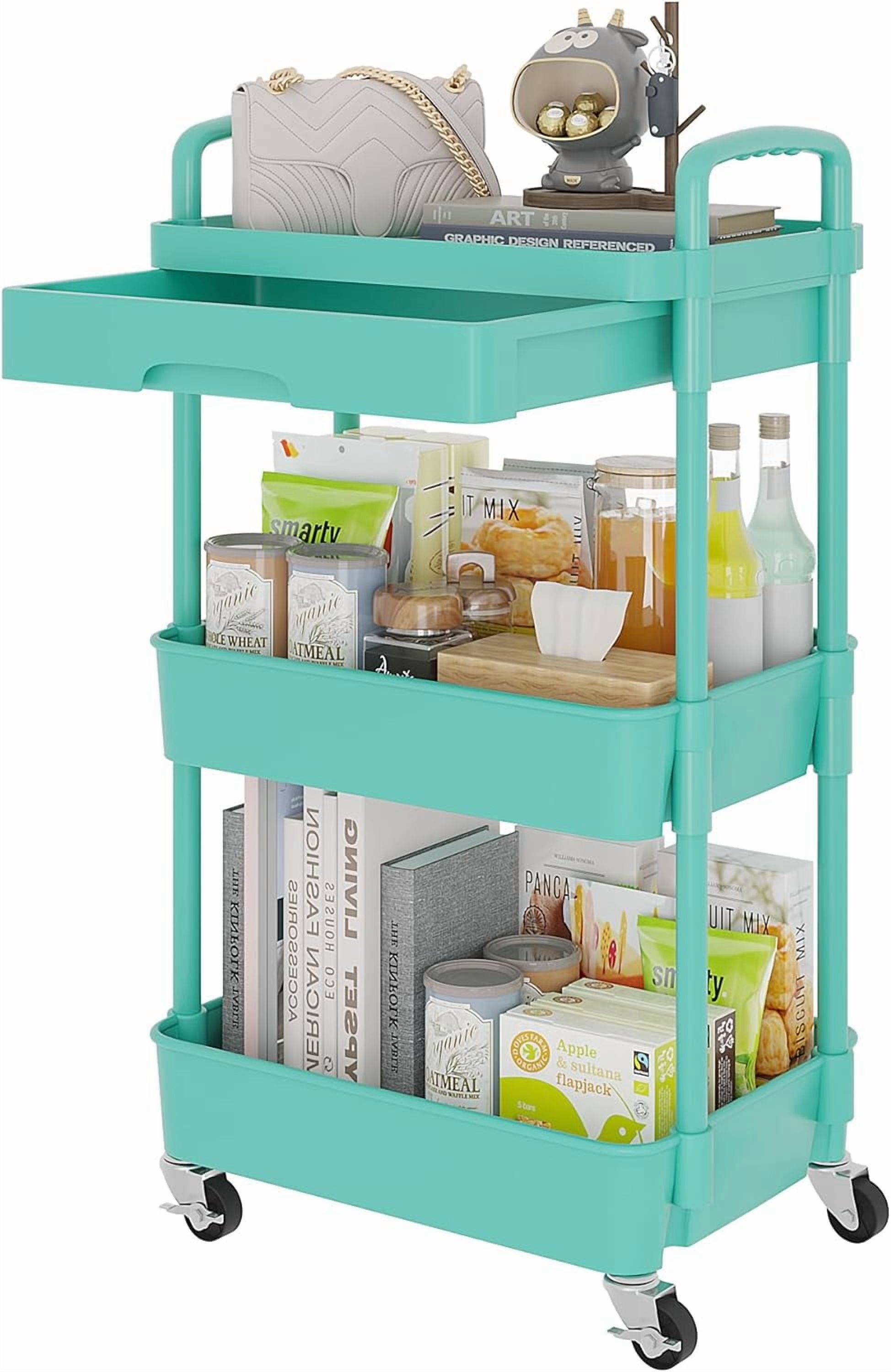 3-Tier Rolling Utility Cart with Drawer,Multifunctional Storage Organizer with Plastic Shelf & Metal Wheel,Storage Cart for Kitchen,Bathroom,Living Room,Office,Green