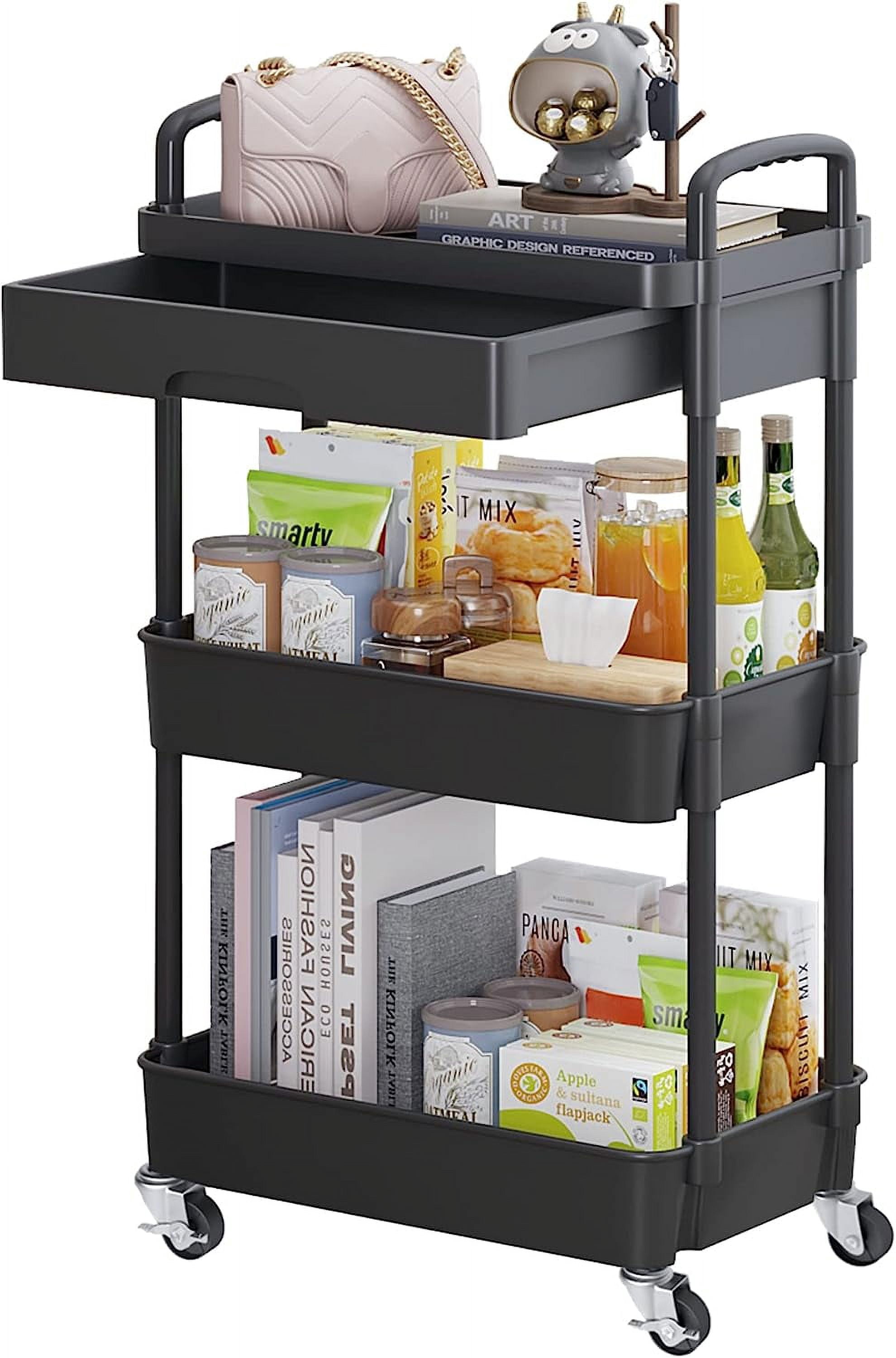 3-Tier Rolling Utility Cart with Drawer,Multifunctional Storage Organizer with Plastic Shelf & Metal Wheels,Storage Cart for Kitchen,Bathroom,Living Room,Office,Black