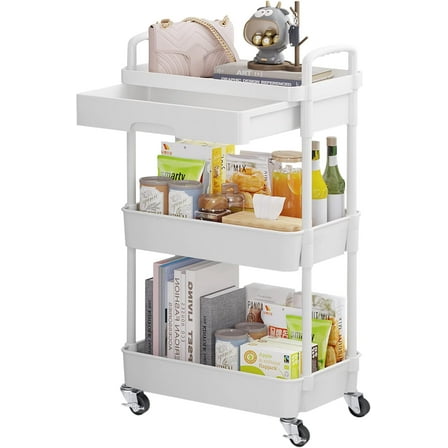 3-Tier Rolling Utility Cart with Drawer,Multifunctional Storage Organizer with Plastic Shelf & Metal Wheels,Storage Cart for Kitchen,Bathroom,Living Room,Office,White