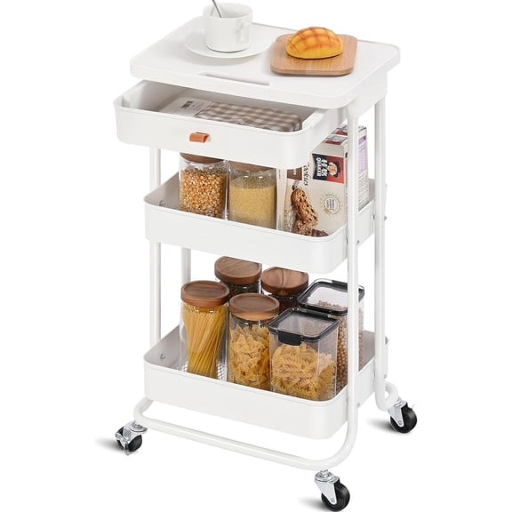3 Tier Rolling Utility Cart with Drawer & Table Top, Multifunctional Storage Organizer with Metal Shelf & Wheels Storage Cart for Kitchen, Bathroom, Bedroom, Classroom, Office, White