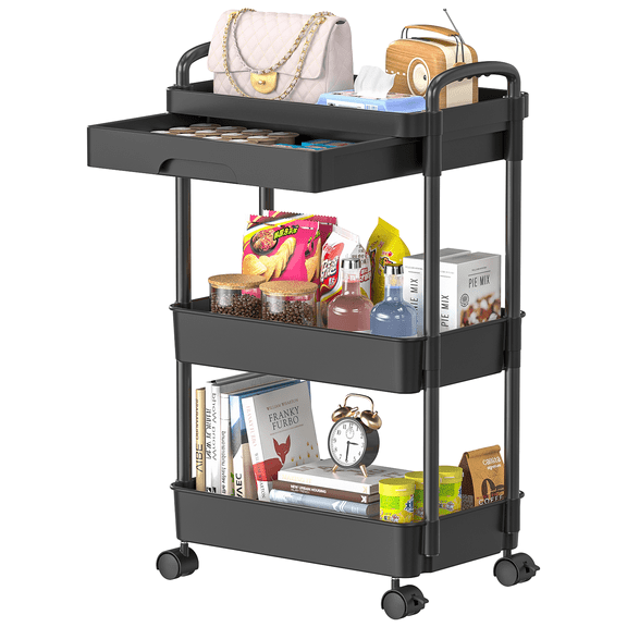 3 Tier Rolling Utility Cart with Drawer, Utility Storage Organizer with Plastic Shelf & Lockable Wheels, Storage Cart for Kitchen, Bathroom, Living Room, Office, Storage Shelves Organizer Cart, Black