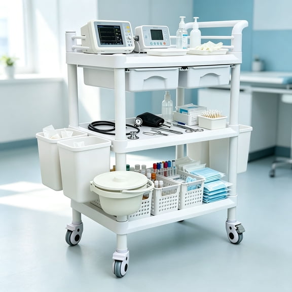 3 Tier Rolling Utility Cart, Esthetician Cart with Wheels Drawers Dirt Bucket, Mobile Medical Carts for Beauty Studio Emergency Room