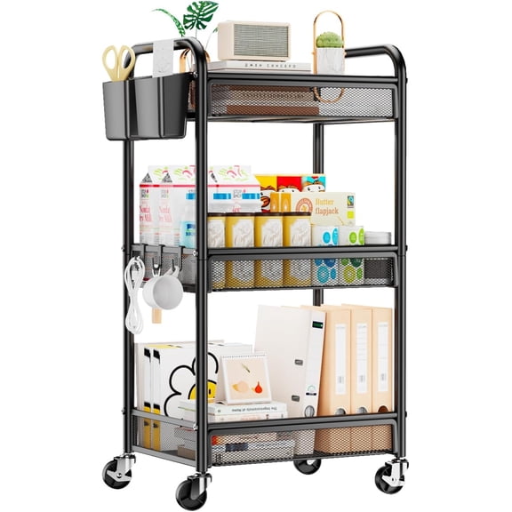 3-Tier Rolling Utility Cart, Metal Storage Cart with Wheels, Mesh Basket Organizer with Hanging Cups & Hooks for Craft, Kitchen, Office, Bedside, Black