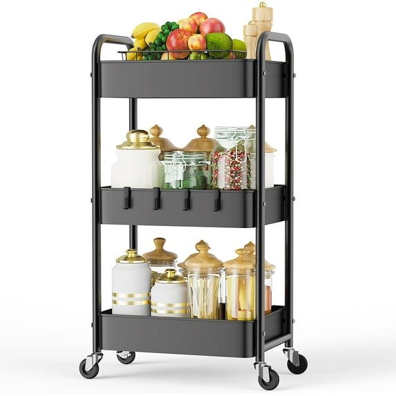 3 Tier Rolling Utility Cart, Metal Trolley Cart with Wheels, Hooks, Easy Assembly Organizer Storage Cart for Bathroom, Kitchen, Office, Bedroom(Black)