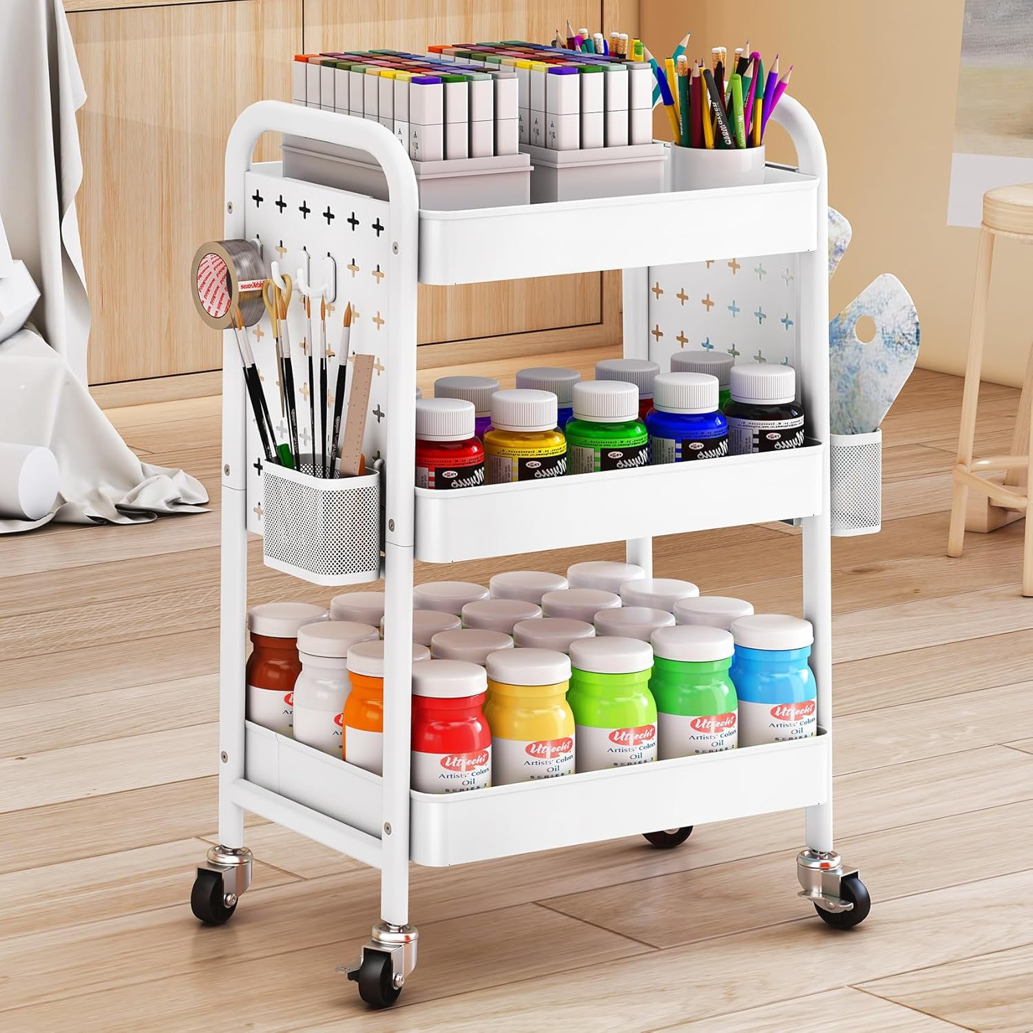 3 Tier Rolling Utility Cart Metal White Cart Organizer with Wheels