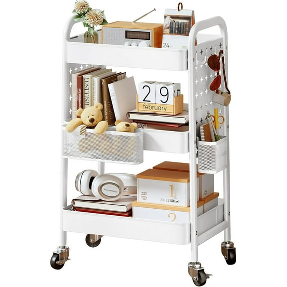 3 Tier Rolling Utility Cart - Metal White Cart Organizer with Wheels, Storage Cart with DIY Dual Pegboards, Removable Baskets Hooks
