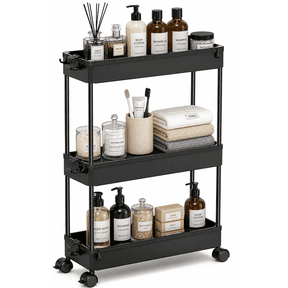 LLMRR 3 Tier Slim Rolling Storage Cart with wheels, Bathroom Storage Organizer, Kitchen Utility Cart, Narrow Shelf & Mobile Shelving Unit for Bathroom, Kitchen, Narrow Places, 3 Tier, Black