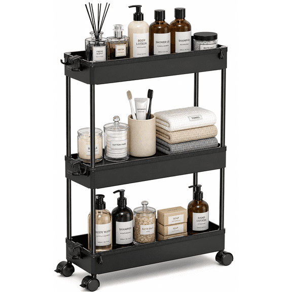 LLMRR 3 Tier Slim Rolling Storage Cart with wheels, Bathroom Storage Organizer, Kitchen Utility Cart, Narrow Shelf & Mobile Shelving Unit for Bathroom, Kitchen, Narrow Places, 3 Tier, Black
